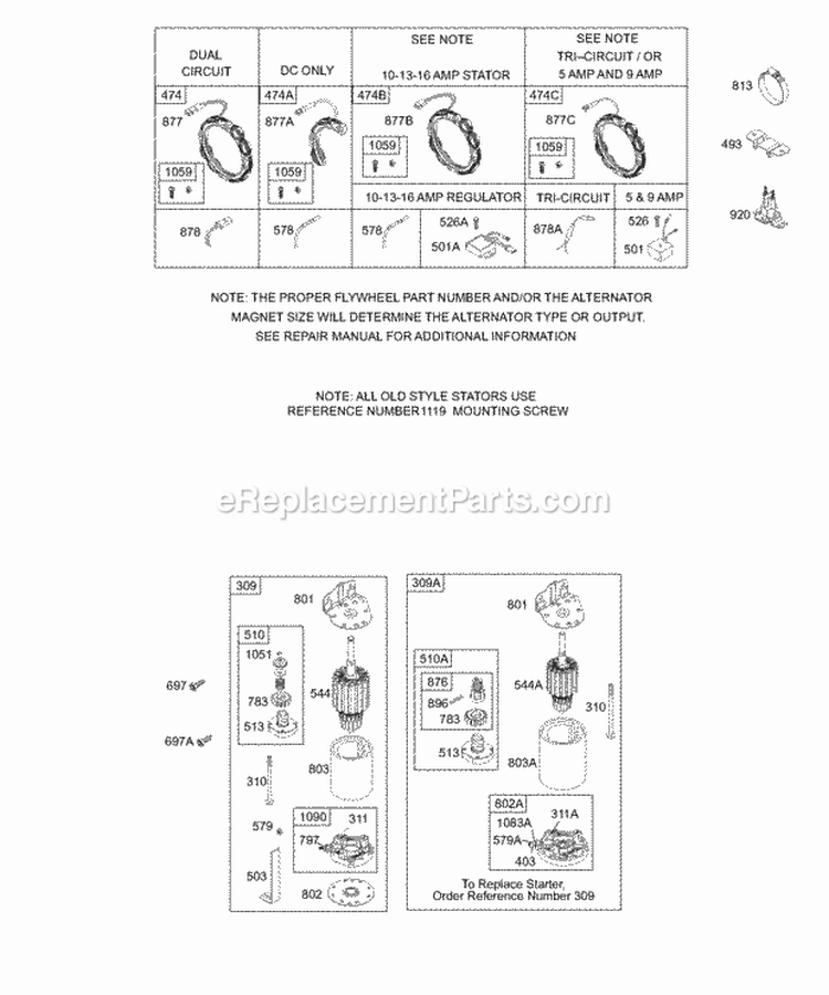 Alternator Electric Starter Diagram and Parts List for 196707-0148-01  Briggs and Stratton Engine